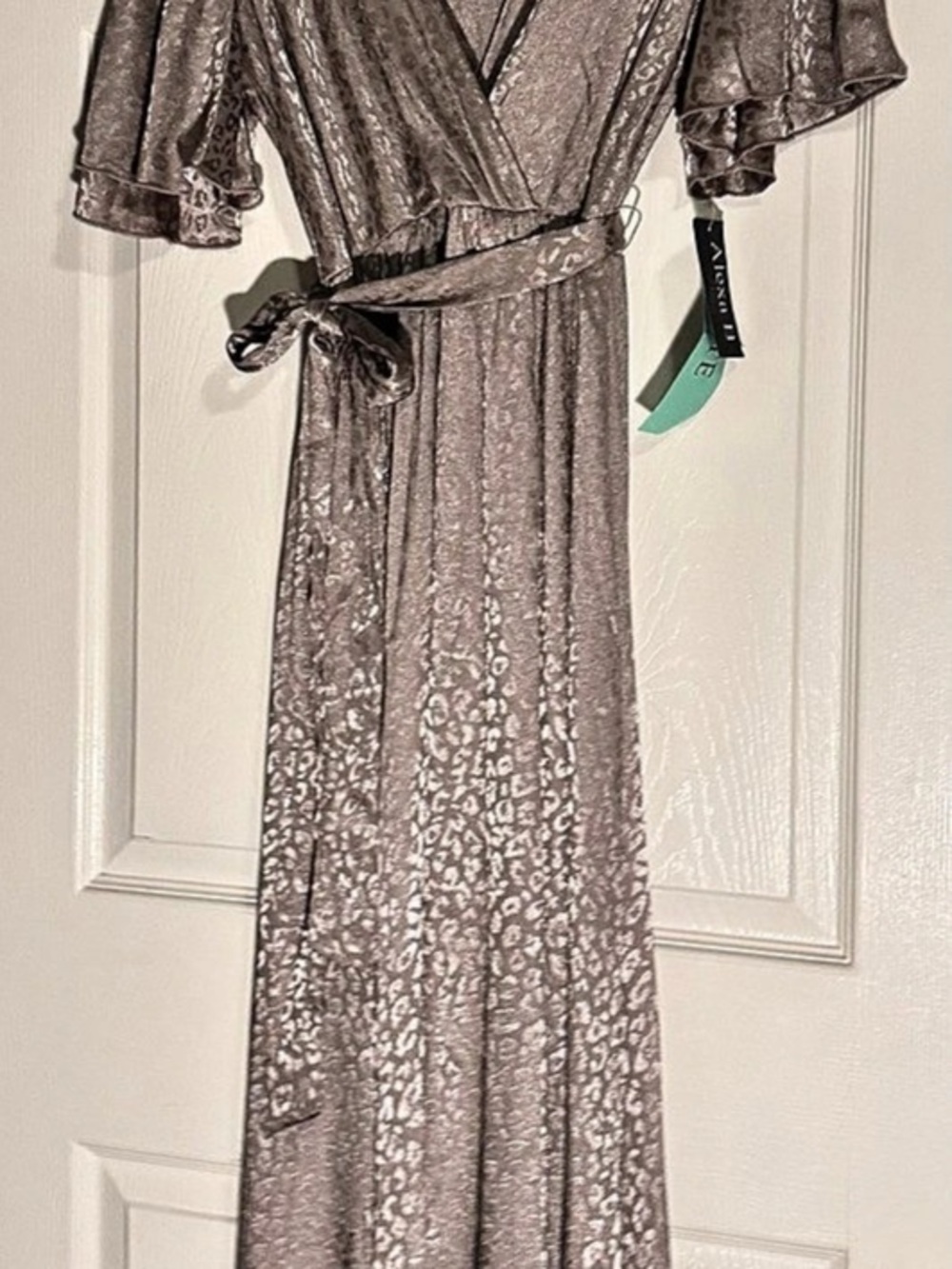 Alexa B Petite Champagne Leopard Satin Wrap Kimono Maxi Dress